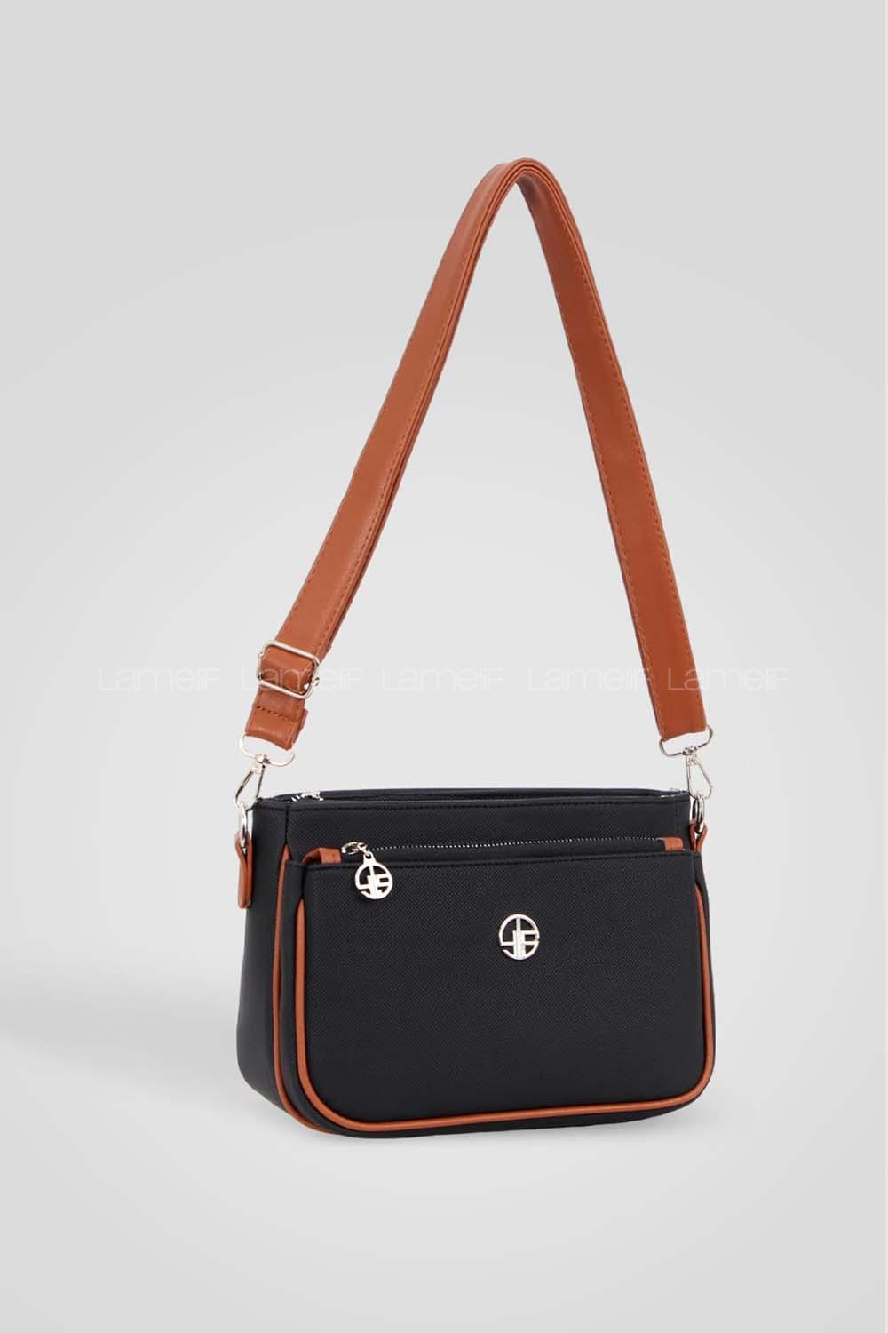 Lamelif Çok Bölmeli Bayan Çapraz Çanta Siyah Taba
