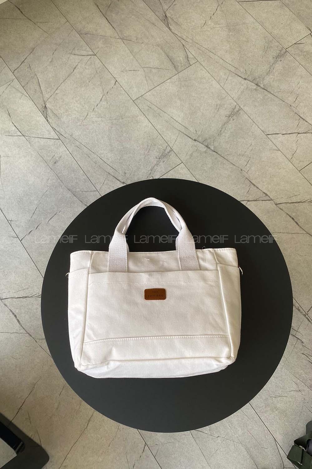 Lamelif Çok Cepli Kanvas Kadın Omuz Çantası Beyaz