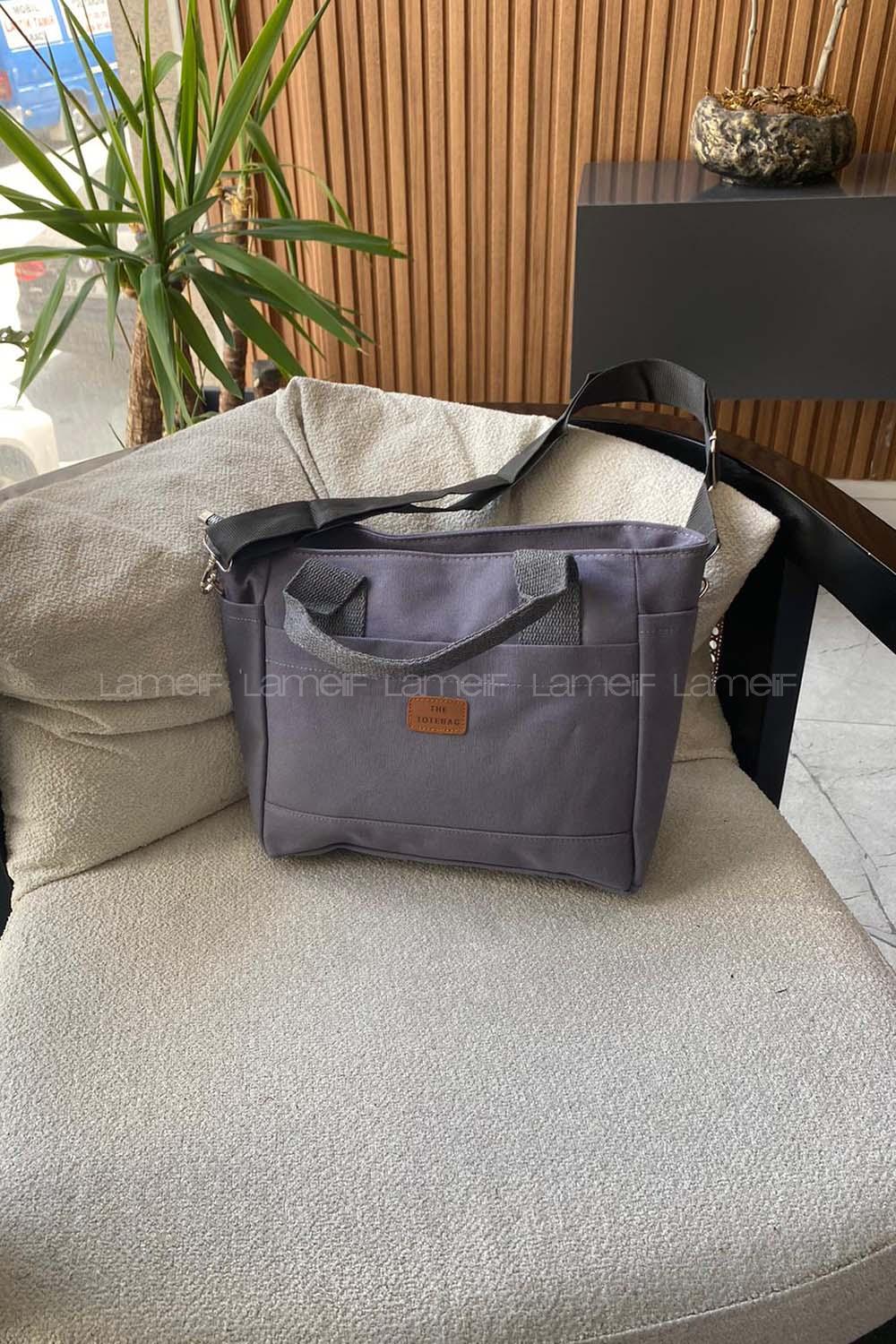 Lamelif Çok Cepli Kanvas Kadın Omuz Çantası Füme