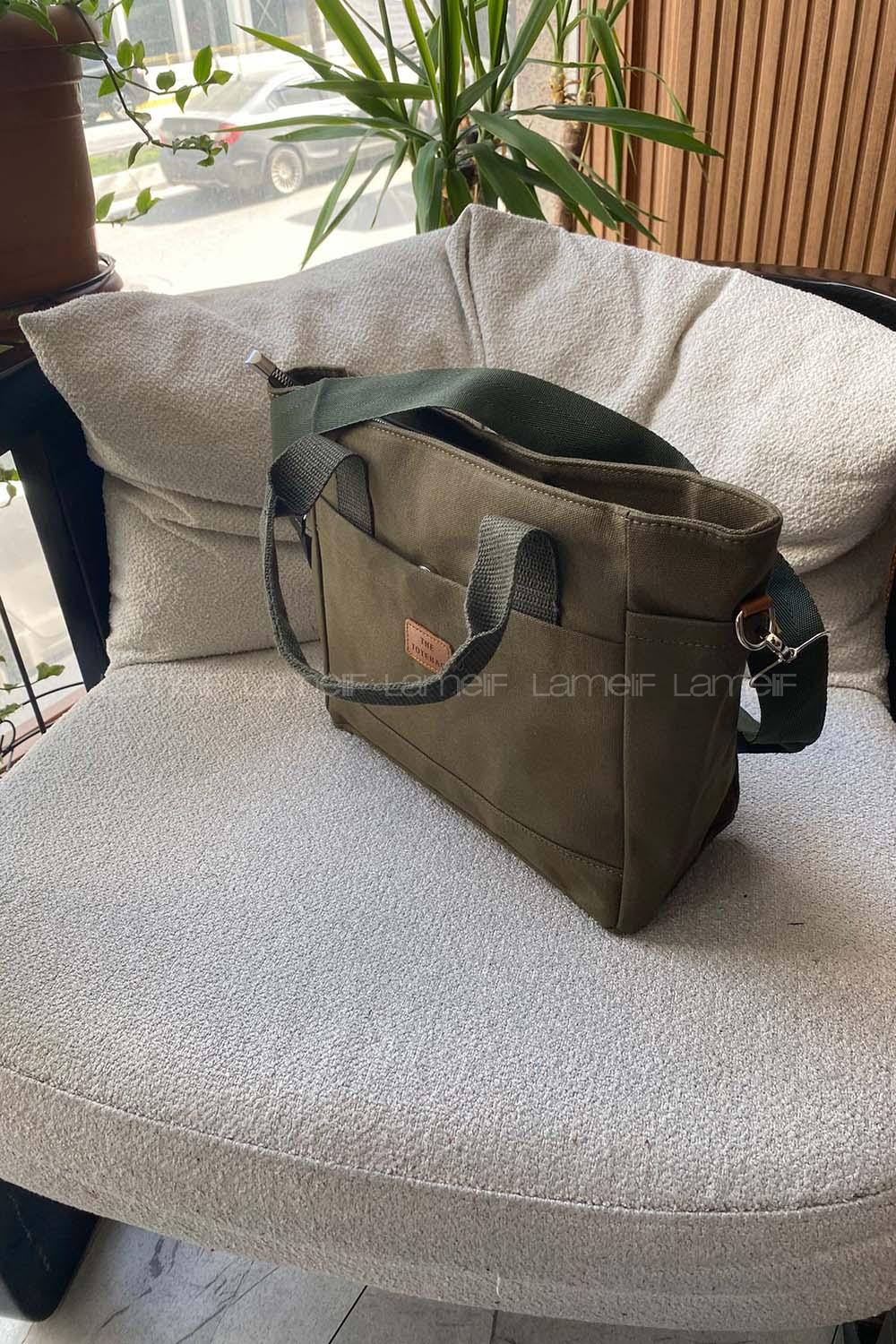 Lamelif Çok Cepli Kanvas Kadın Omuz Çantası Haki