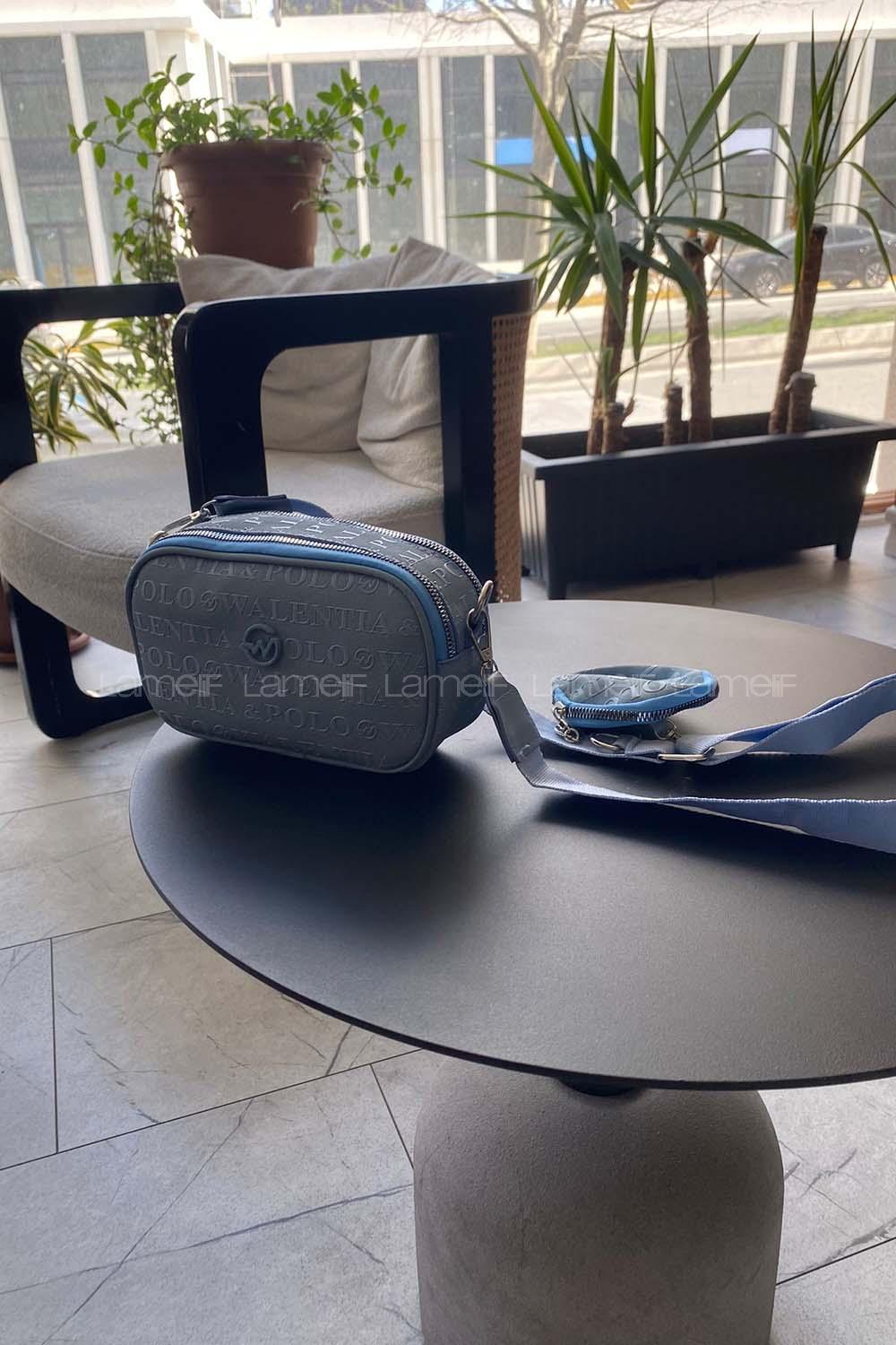 Lamelif Cuci Valento Yazılı İki Bölmeli Çapraz Kadın Çanta  Bebe Mavisi