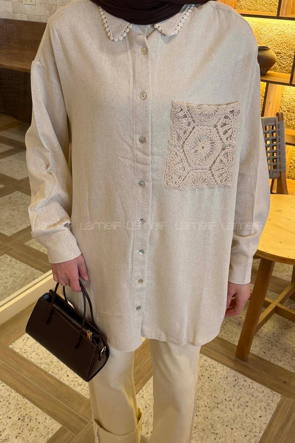 Lamelif Dantel Detaylı Gömlek Taş Rengi