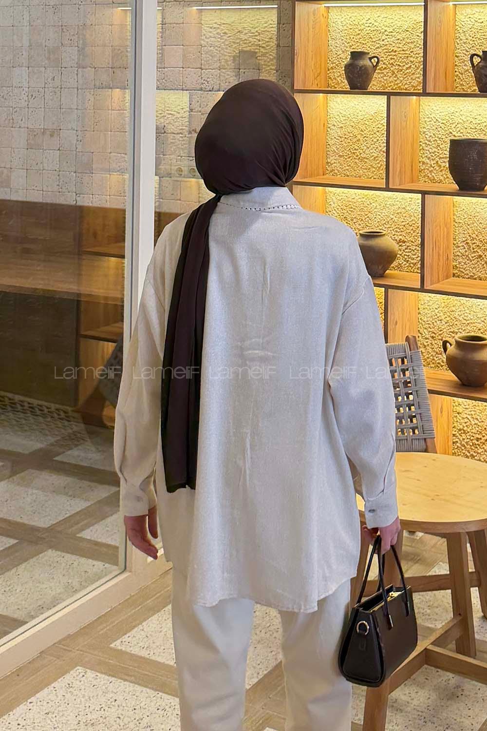 Lamelif Dantel Detaylı Gömlek Taş Rengi