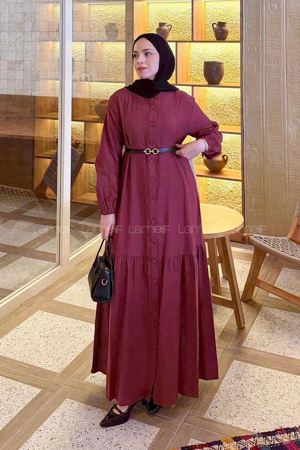 Claret Red Crew Neck Cotton Unprinted Dresess