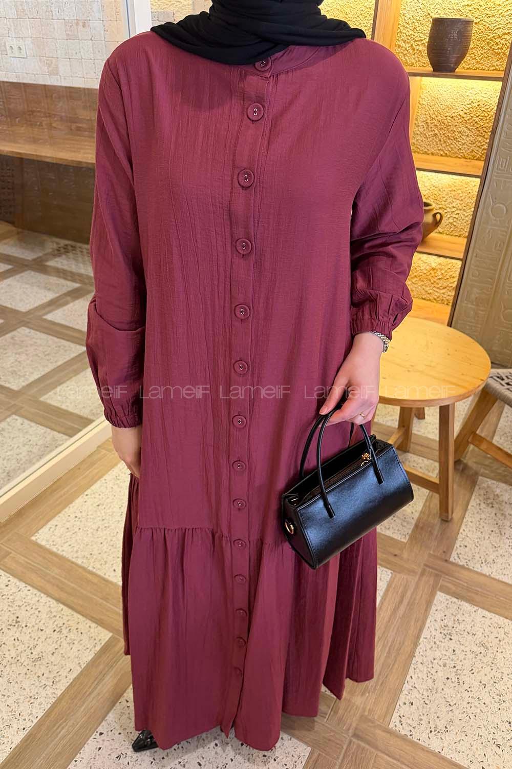 Claret Red Crew Neck Cotton Unprinted Dresess