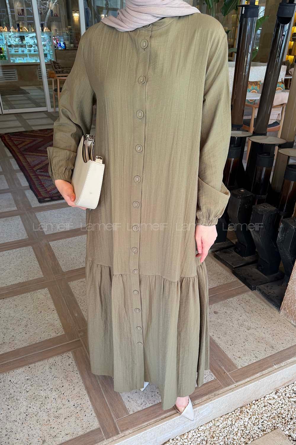Lamelif Düğme Kapama Tesettür Elbise Haki