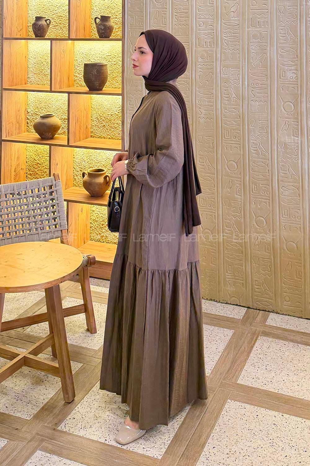 Lamelif Düğme Kapama Tesettür Elbise Kahverengi