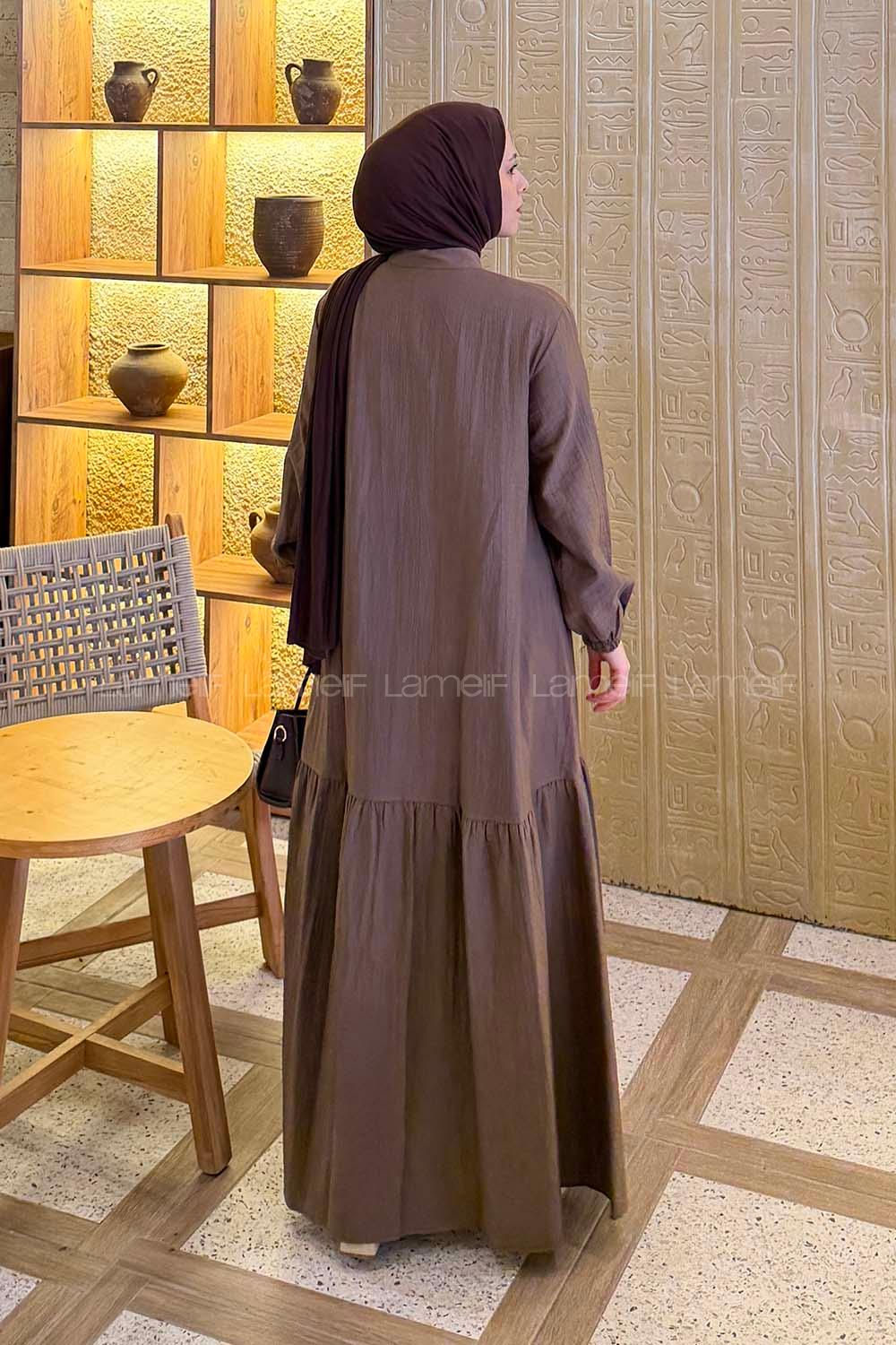 Lamelif Düğme Kapama Tesettür Elbise Kahverengi