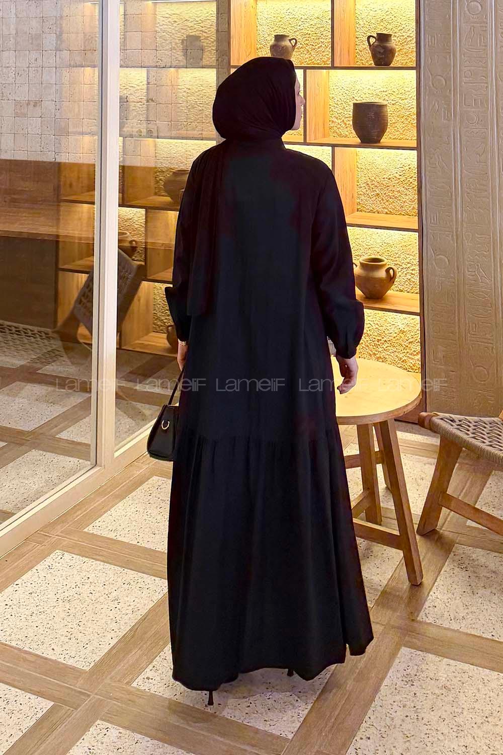 Lamelif Düğme Kapama Tesettür Elbise Siyah