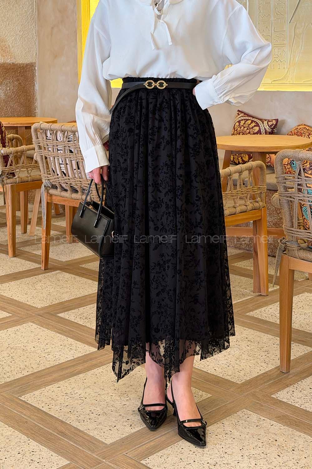 Lamelif Floklu Etek Siyah