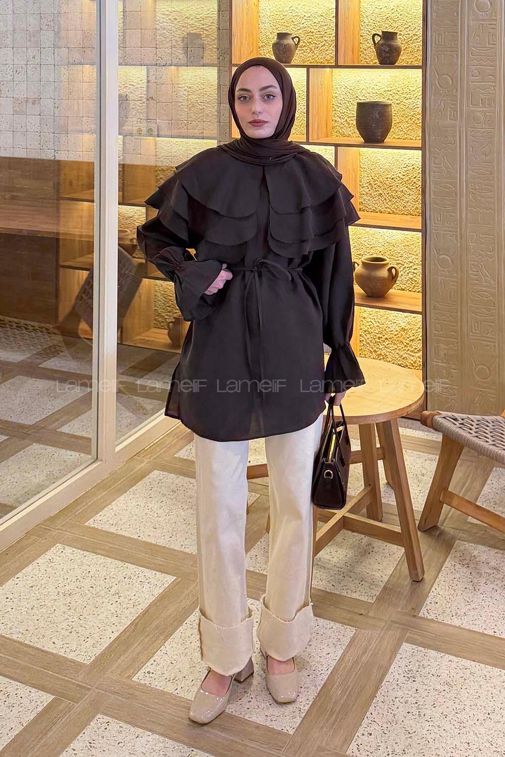 Lamelif Geniş Katlı Yakalı Gömlek Acı Kahve