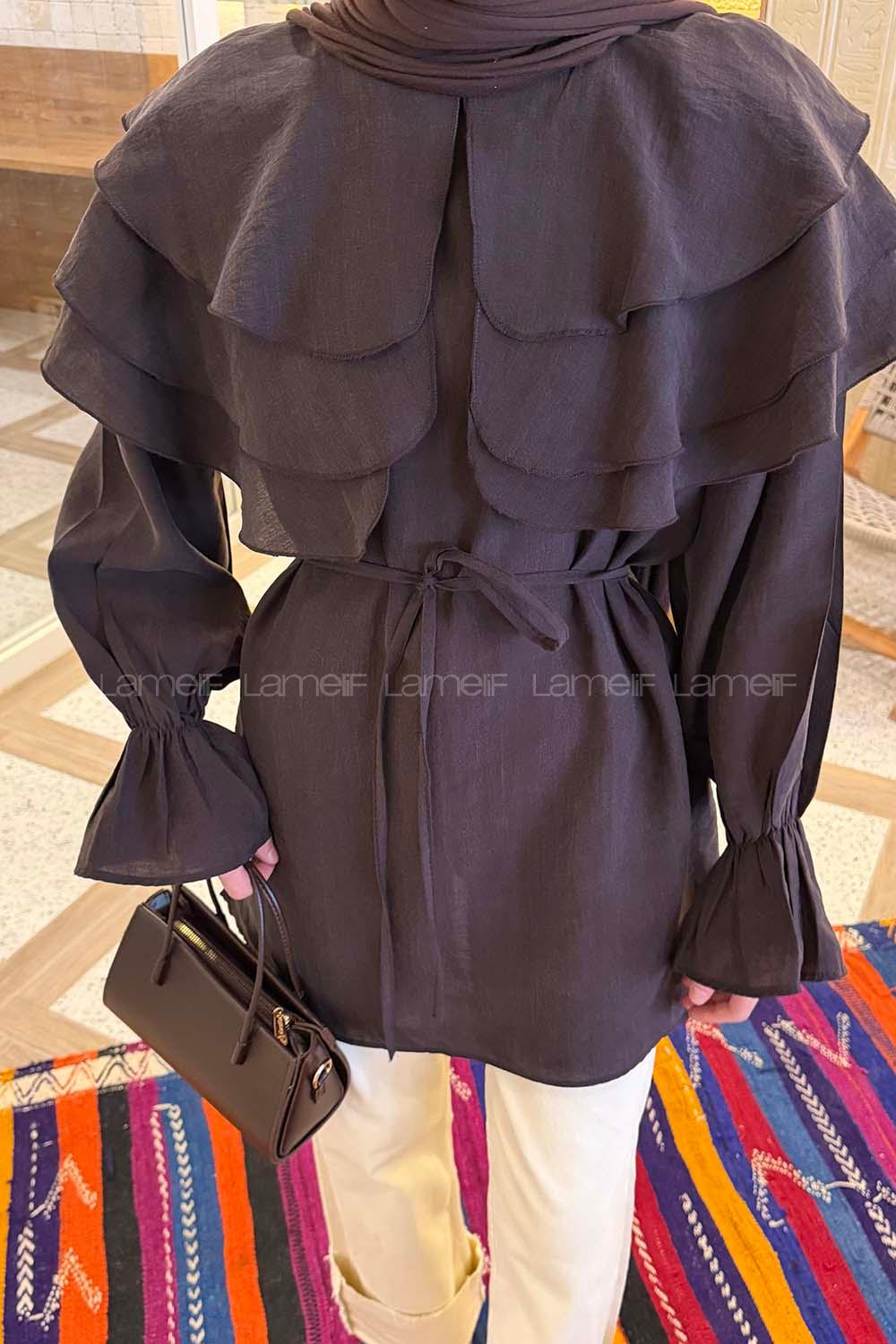 Lamelif Geniş Katlı Yakalı Gömlek Acı Kahve