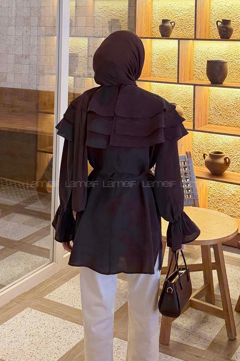 Lamelif Geniş Katlı Yakalı Gömlek Acı Kahve