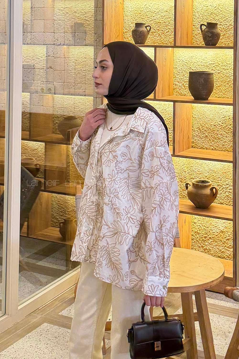 Lamelif Nakışlı Gömlek Vizonrengi