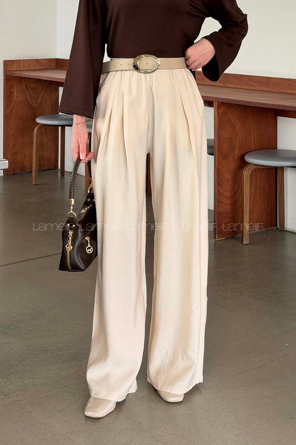 Cream Cotton Fabric High Waist Comfortable Pants