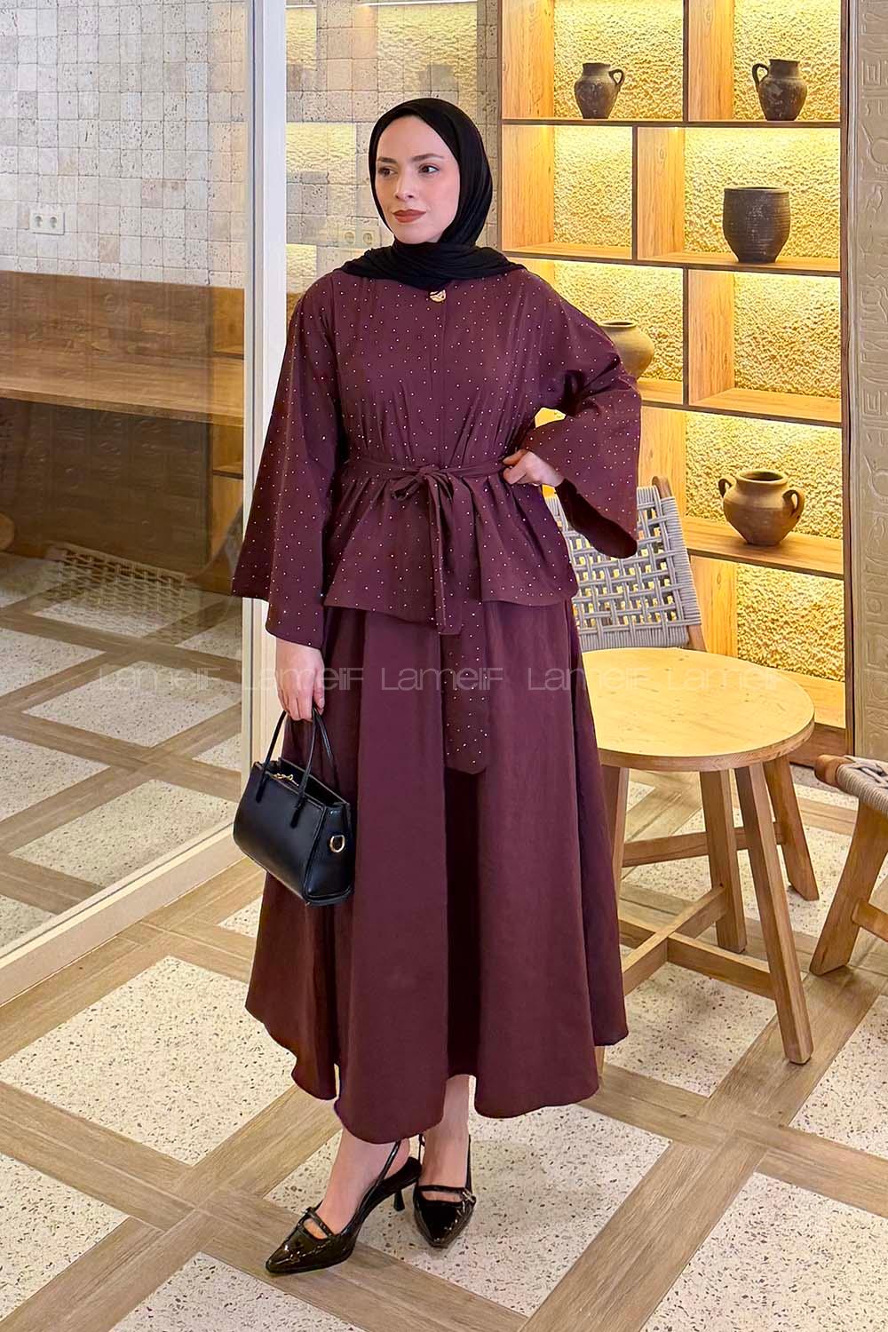 Lamelif Taşlı Bağlamalı Takım Bordo