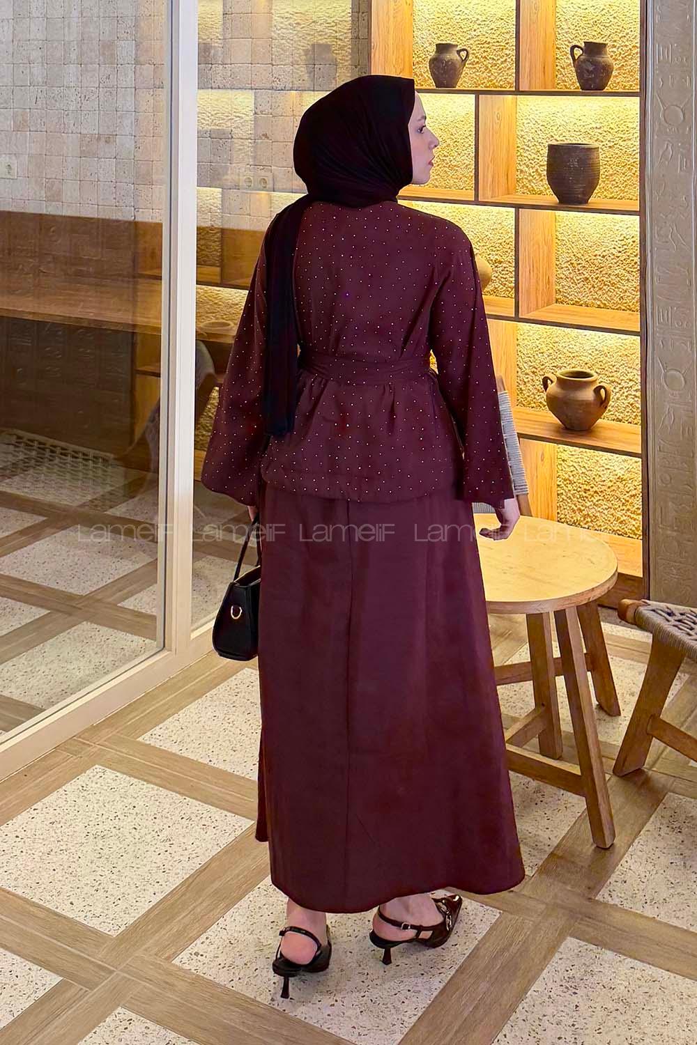 Lamelif Taşlı Bağlamalı Takım Bordo