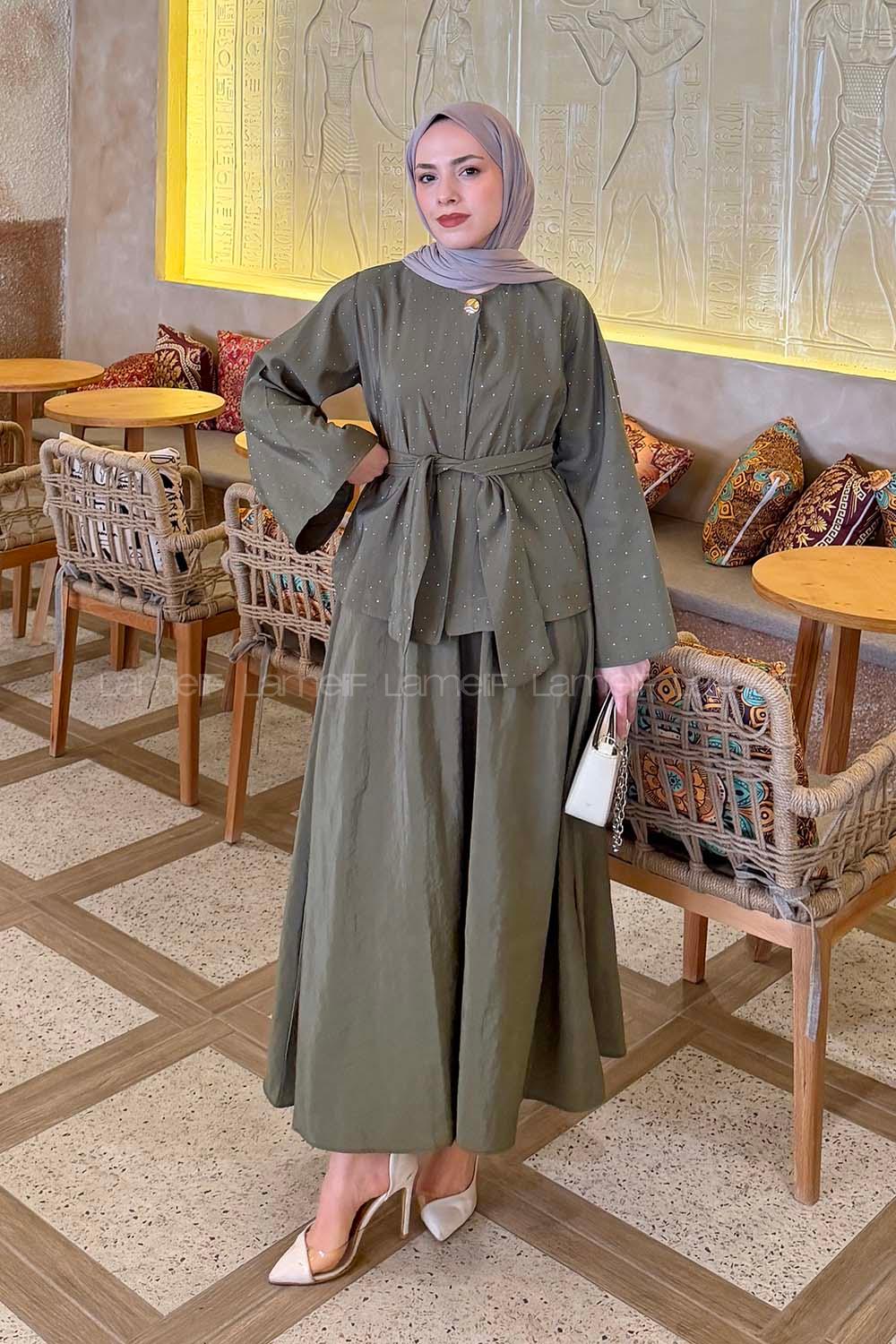 Lamelif Taşlı Bağlamalı Takım Haki