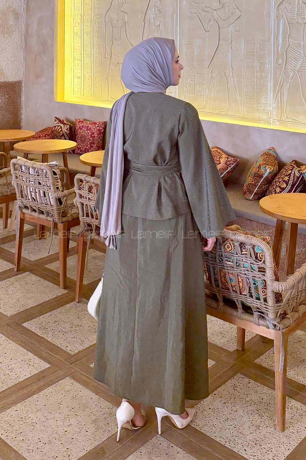 Lamelif Taşlı Bağlamalı Takım Haki