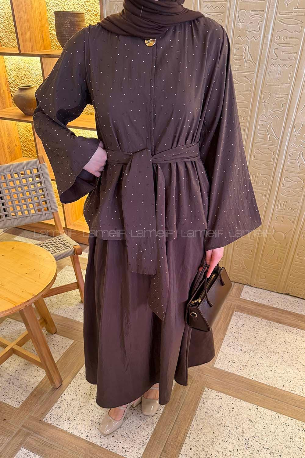 Lamelif Taşlı Bağlamalı Takım Soft Kahve