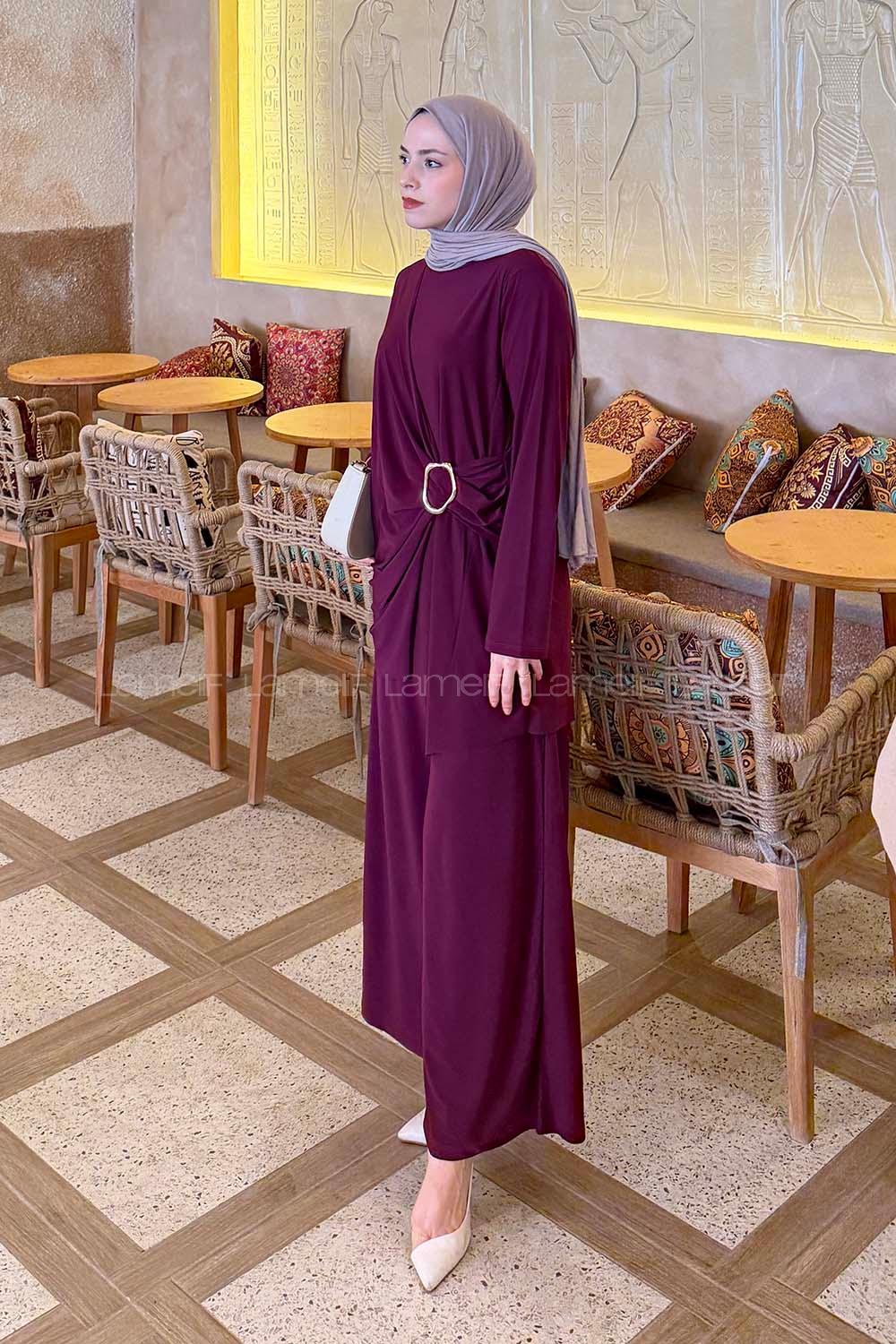 Lamelif Toka Detaylı Asimetrik Takım Patlıcan Moru