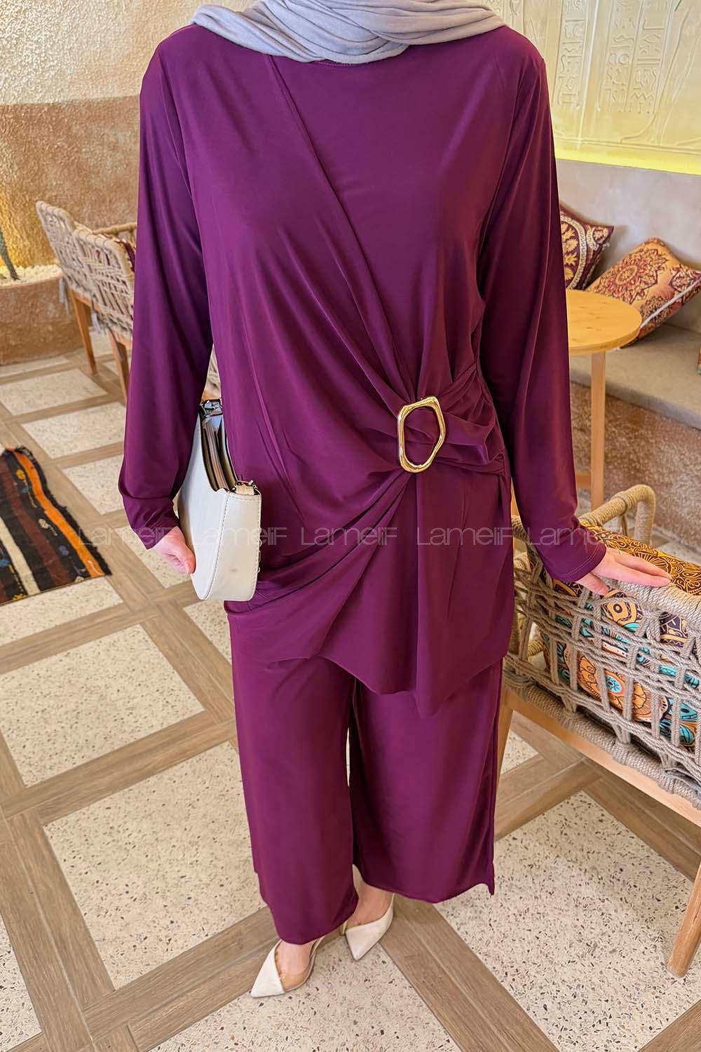 Lamelif Toka Detaylı Asimetrik Takım Patlıcan Moru