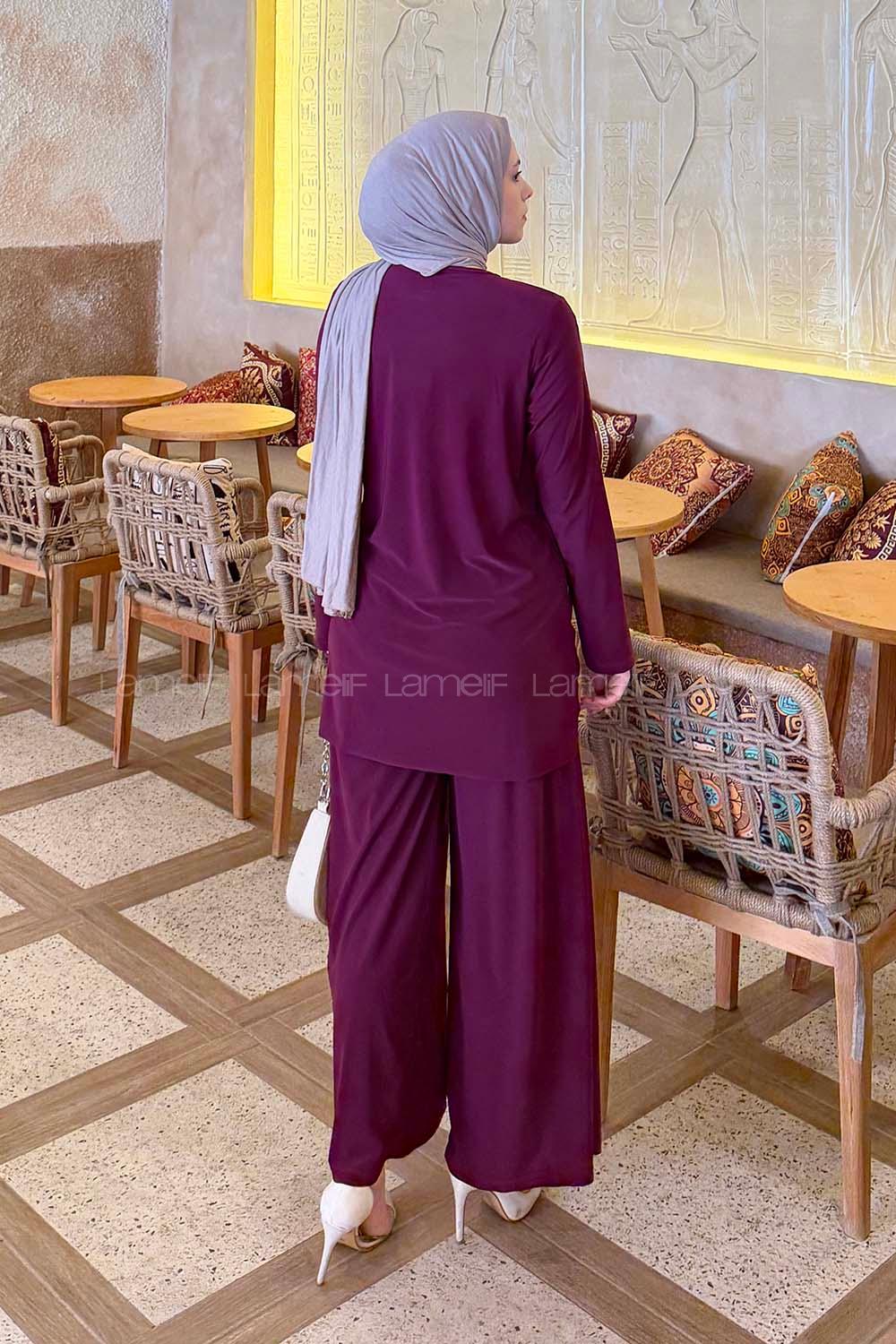 Lamelif Toka Detaylı Asimetrik Takım Patlıcan Moru