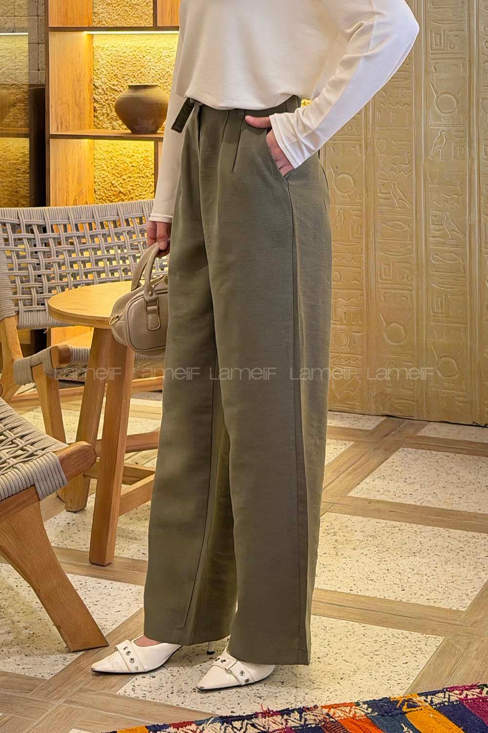 Lamelif Toka Detaylı Geniş Paça Pantolon Haki