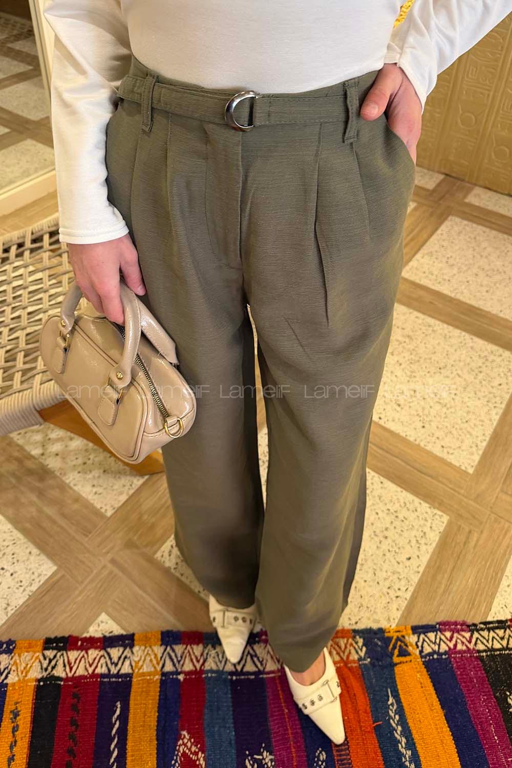 Lamelif Toka Detaylı Geniş Paça Pantolon Haki