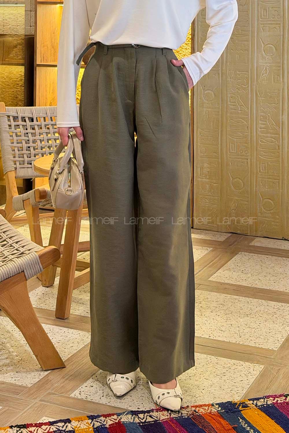 Lamelif Toka Detaylı Geniş Paça Pantolon Haki