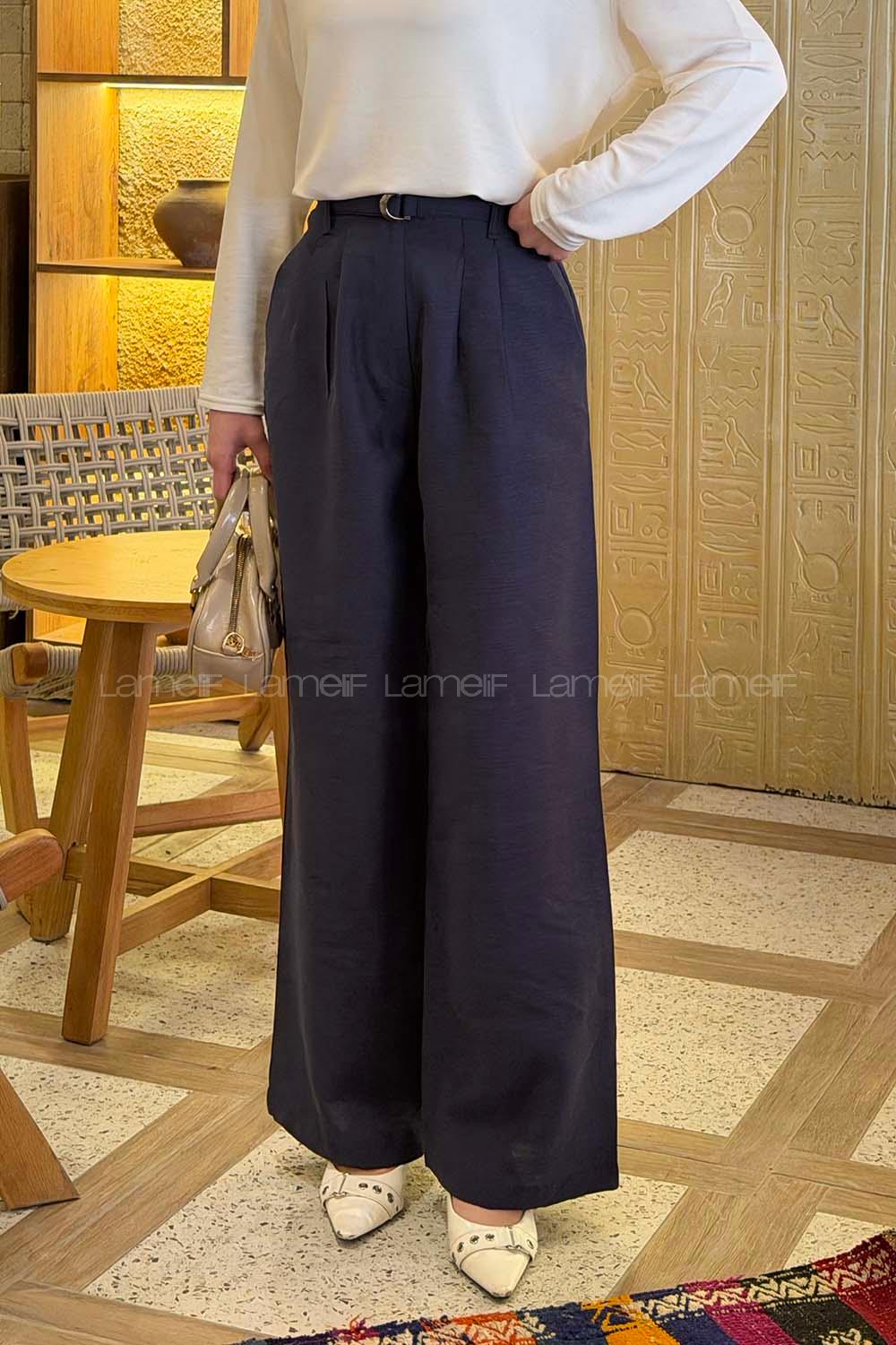 Lamelif Toka Detaylı Geniş Paça Pantolon Lacivert