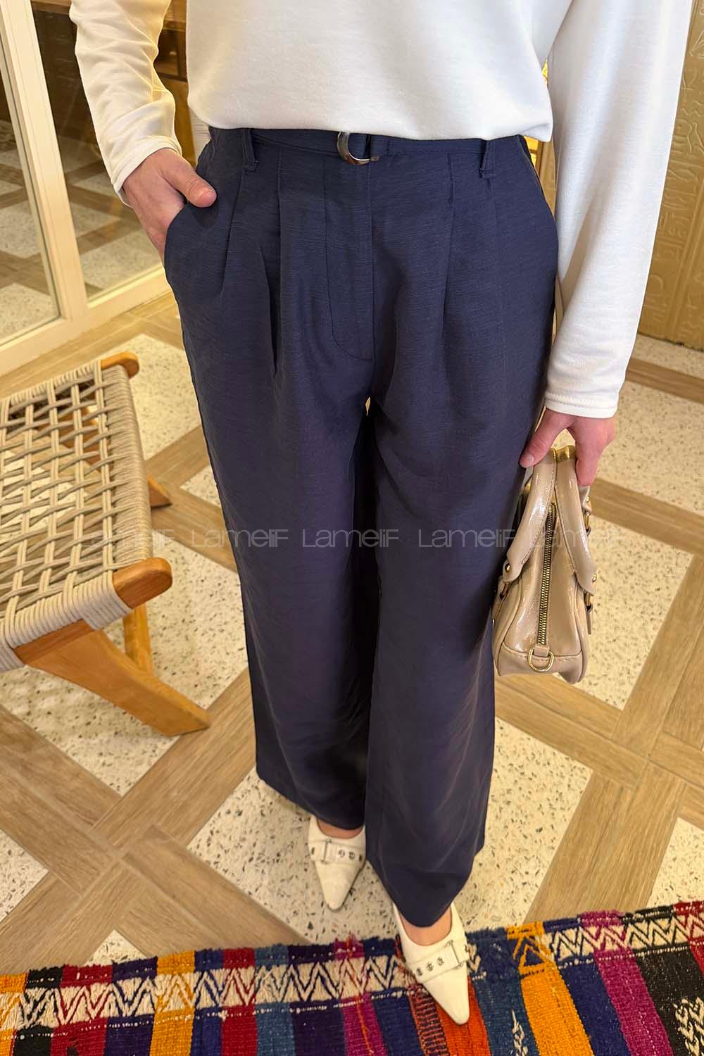 Lamelif Toka Detaylı Geniş Paça Pantolon Lacivert