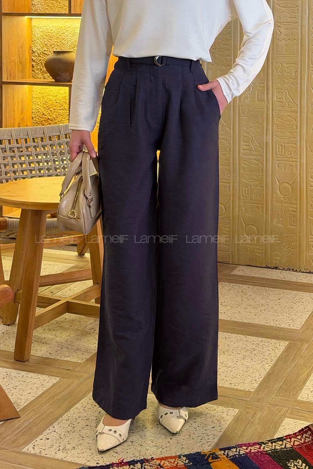 Lamelif Toka Detaylı Geniş Paça Pantolon Lacivert