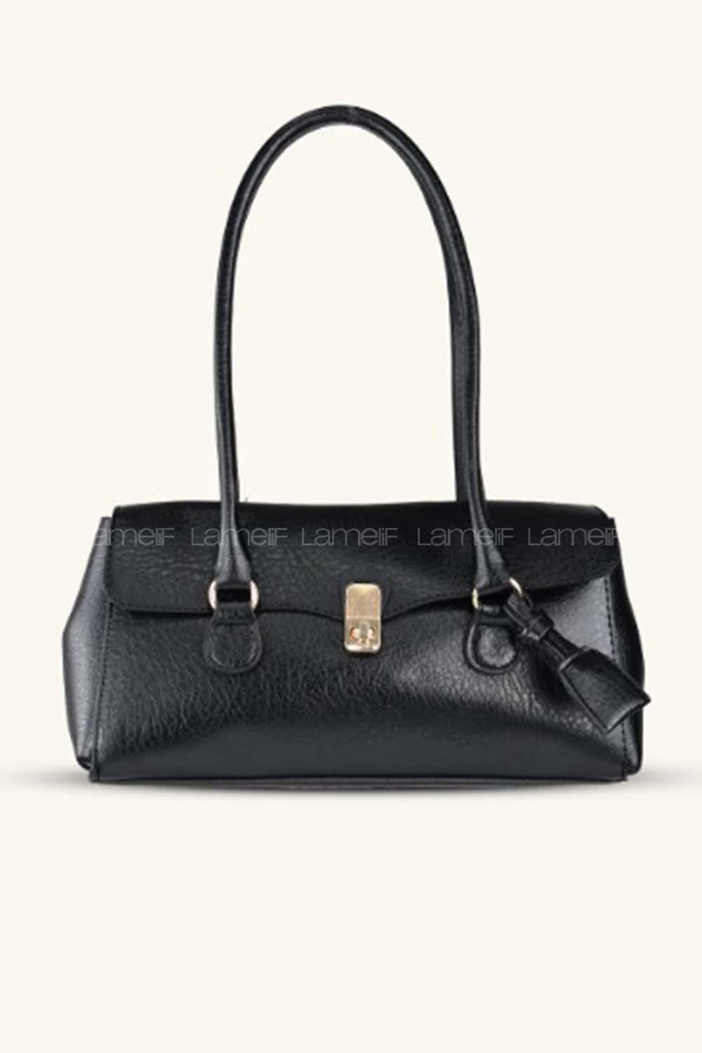 Lamelif Tokalı Deri Charmlı Yatay Klasik Omuz Çantası Siyah