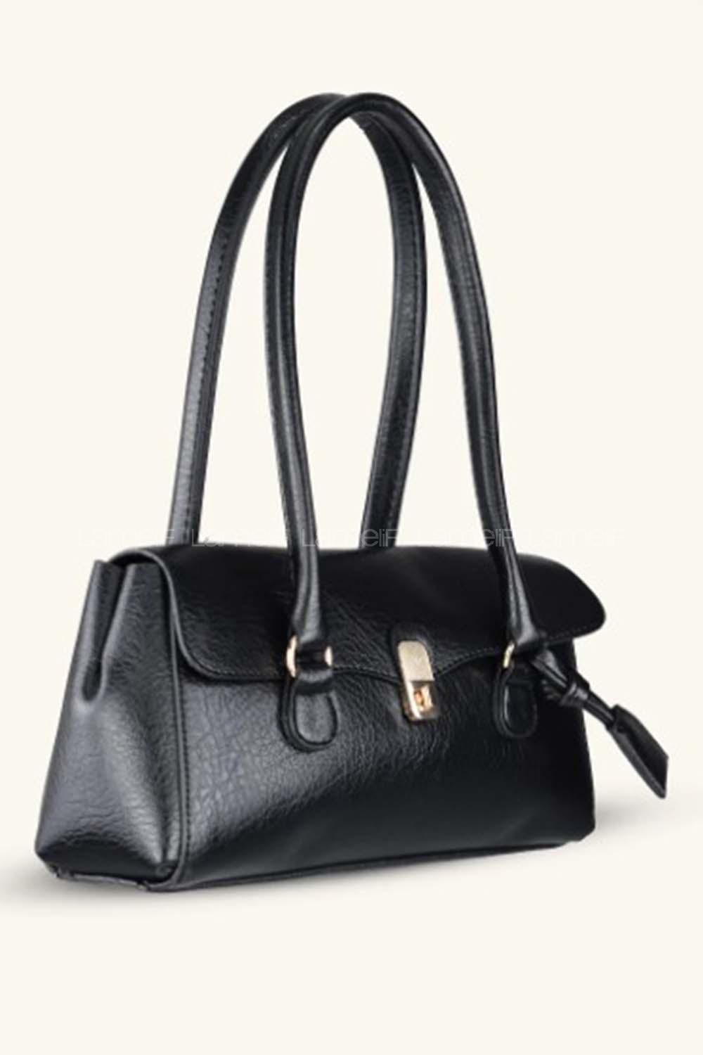 Lamelif Tokalı Deri Charmlı Yatay Klasik Omuz Çantası Siyah