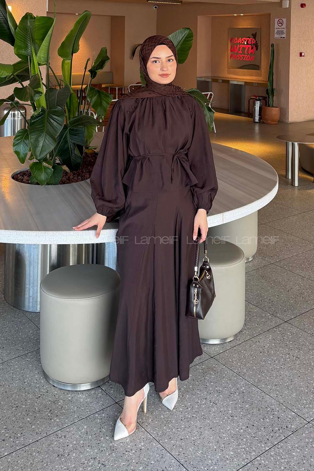 Lamelif Birit Düğme Detaylı Takım Acı Kahve