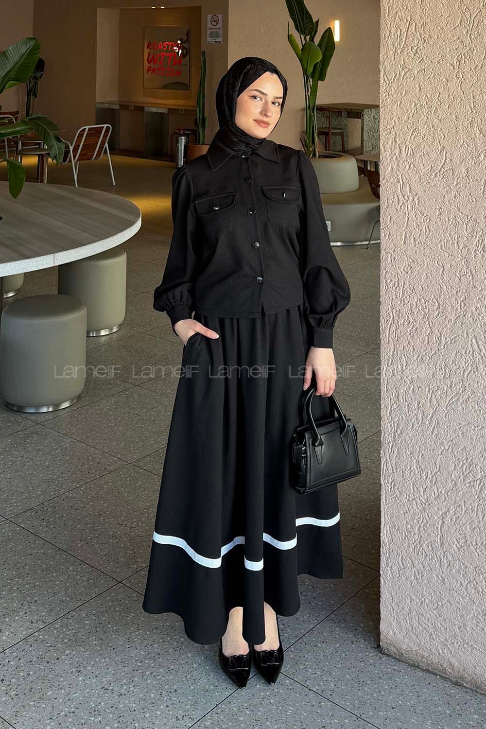 Lamelif Cep Detaylı Etekli Takım Siyah