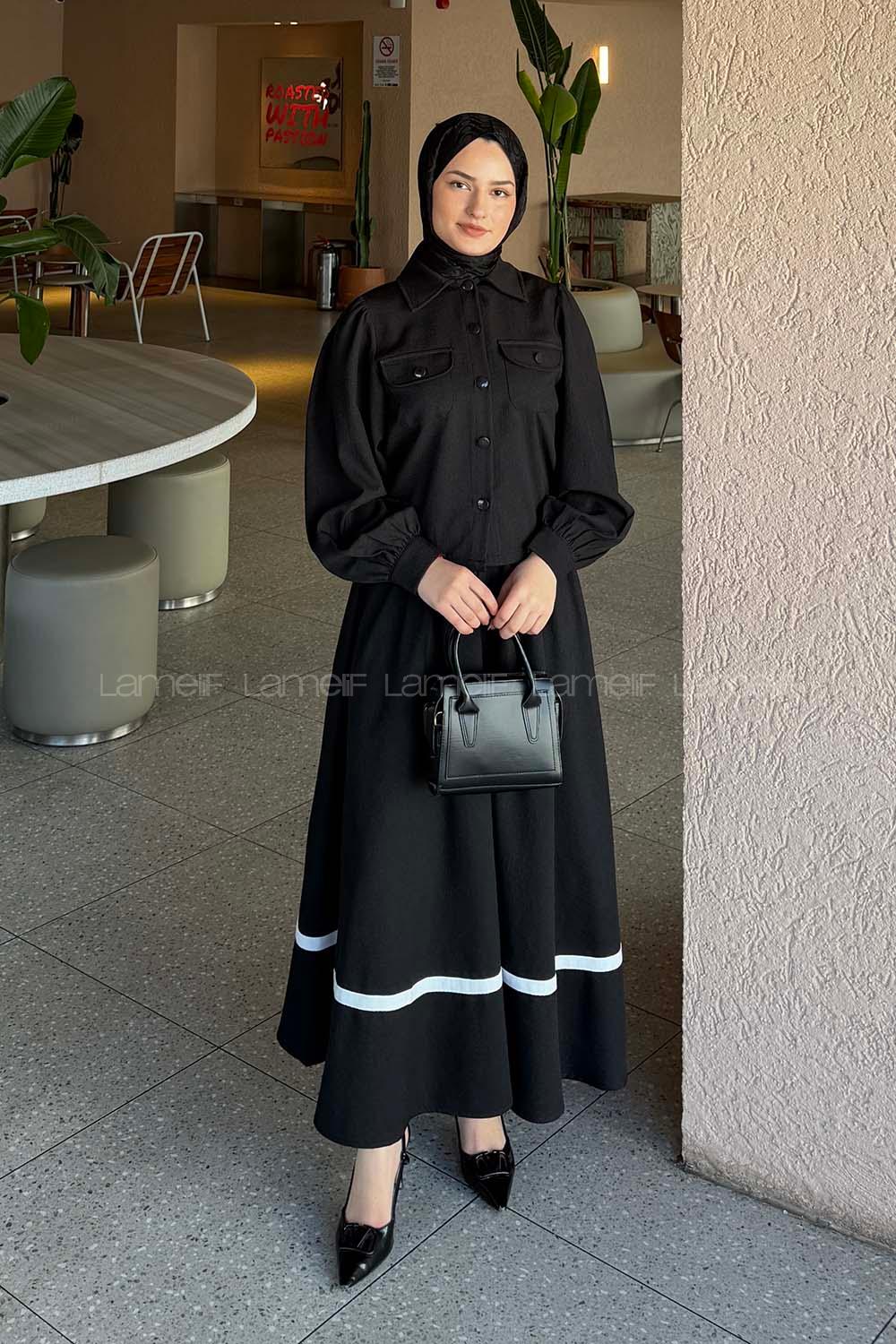 Lamelif Cep Detaylı Etekli Takım Siyah