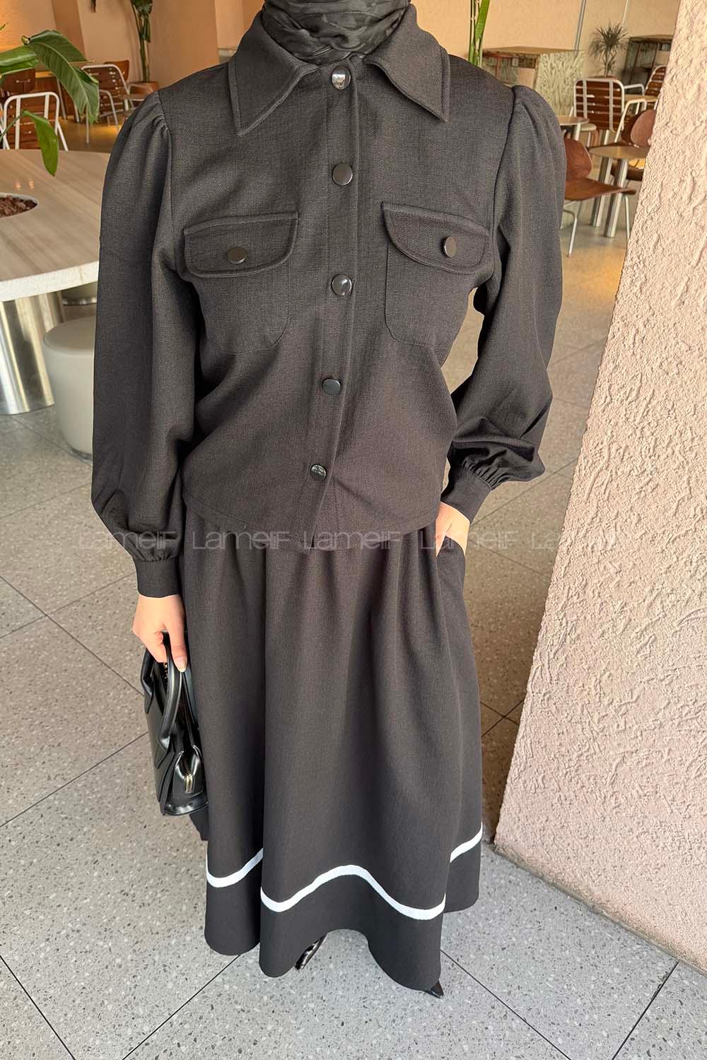 Lamelif Cep Detaylı Etekli Takım Siyah