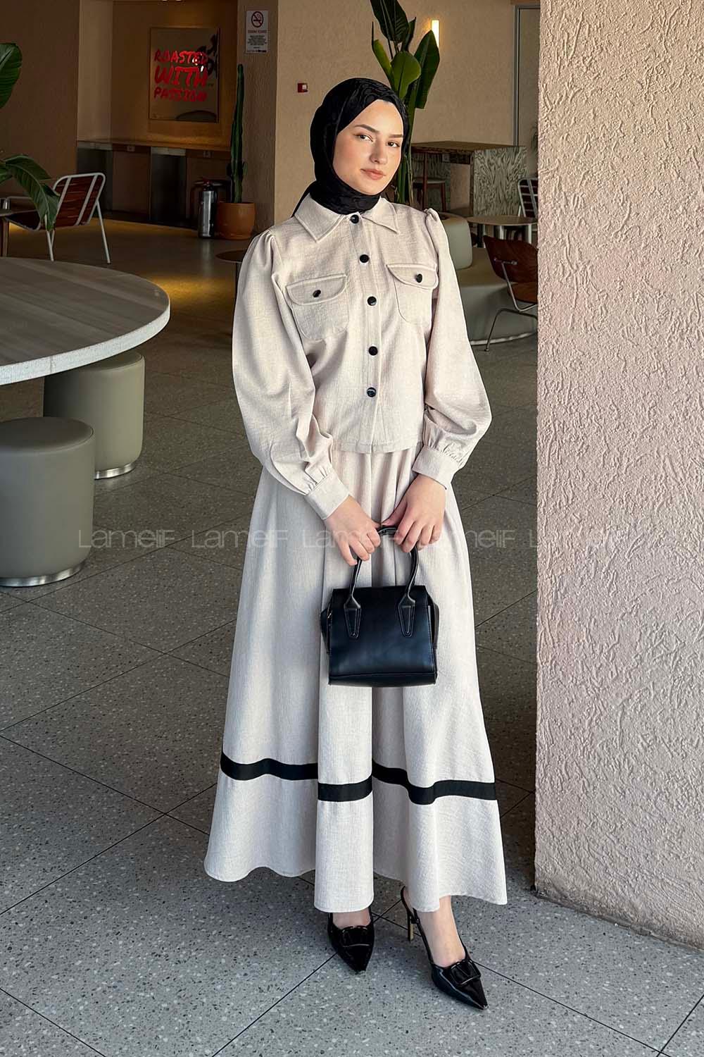 Lamelif Cep Detaylı Etekli Takım Taş Rengi