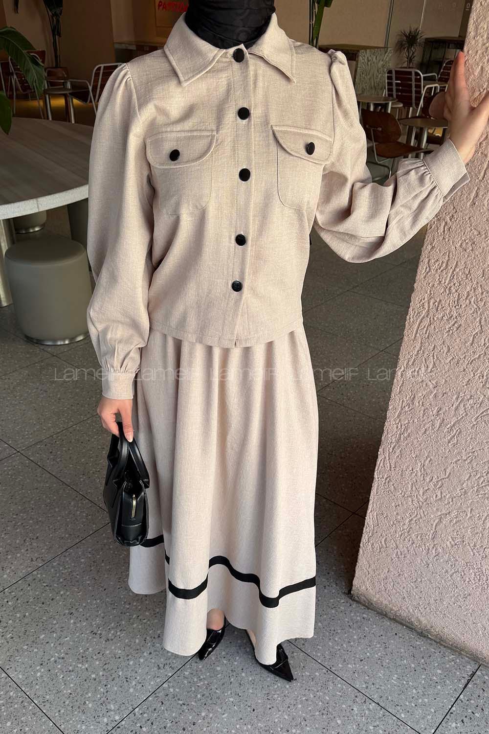 Lamelif Cep Detaylı Etekli Takım Taş Rengi