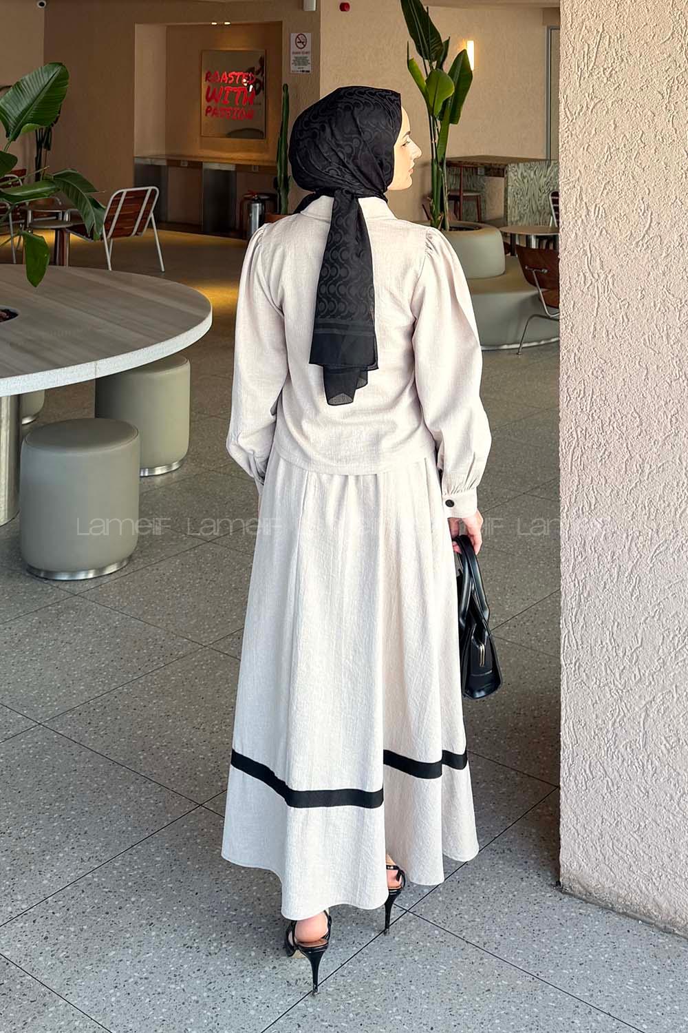 Lamelif Cep Detaylı Etekli Takım Taş Rengi