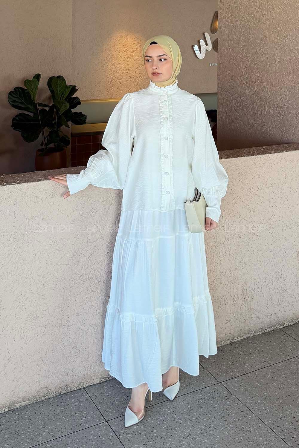 Lamelif Fırfır Detaylı Etekli Takım Beyaz