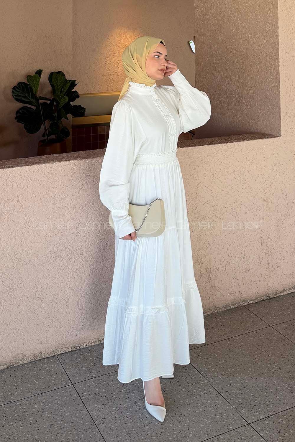 Lamelif Fırfır Detaylı Etekli Takım Beyaz