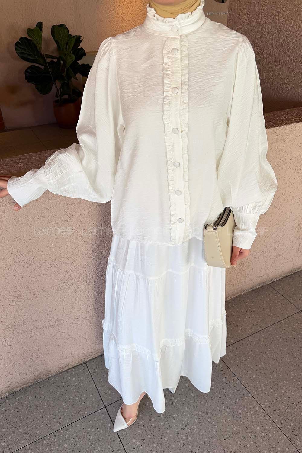 Lamelif Fırfır Detaylı Etekli Takım Beyaz