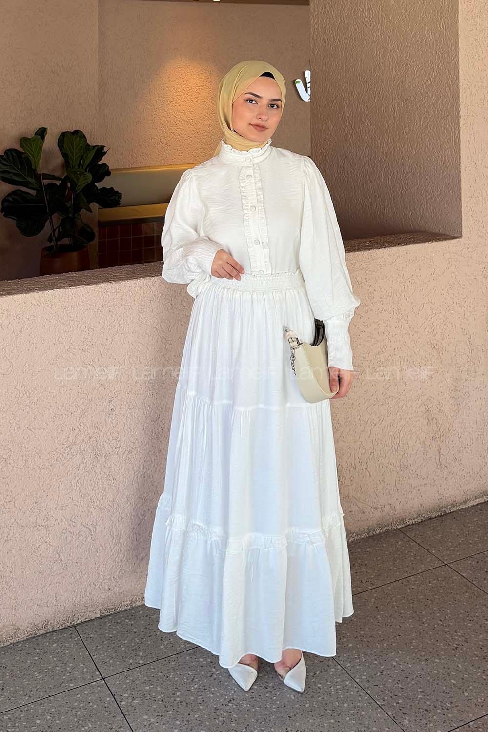 Lamelif Fırfır Detaylı Etekli Takım Beyaz