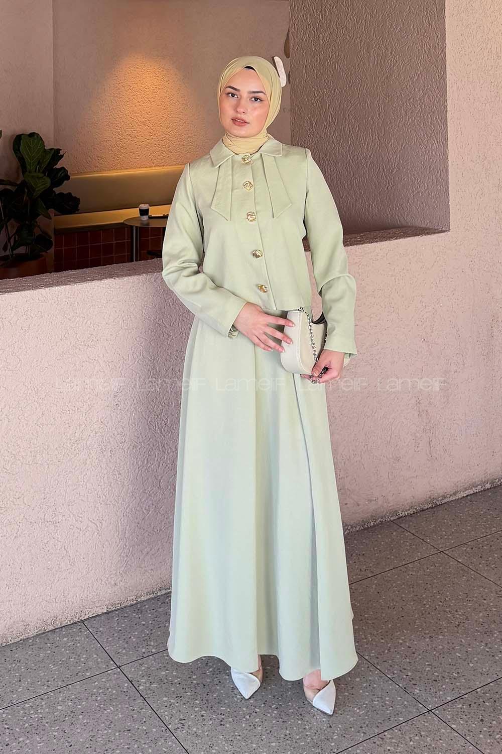 Lamelif Fiyonk Görünümlü Çift Yaka Takım Mint Yeşili