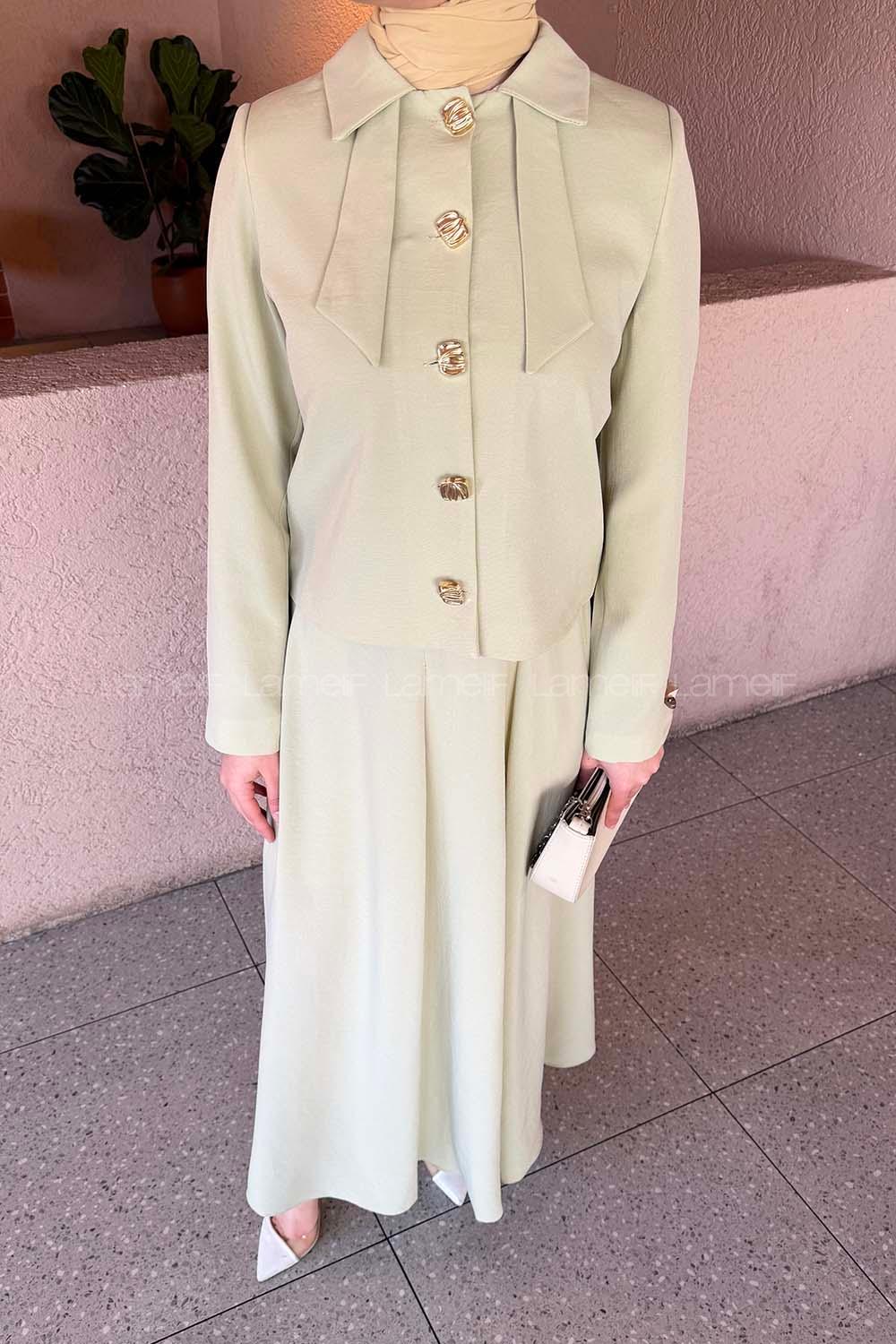 Lamelif Fiyonk Görünümlü Çift Yaka Takım Mint Yeşili