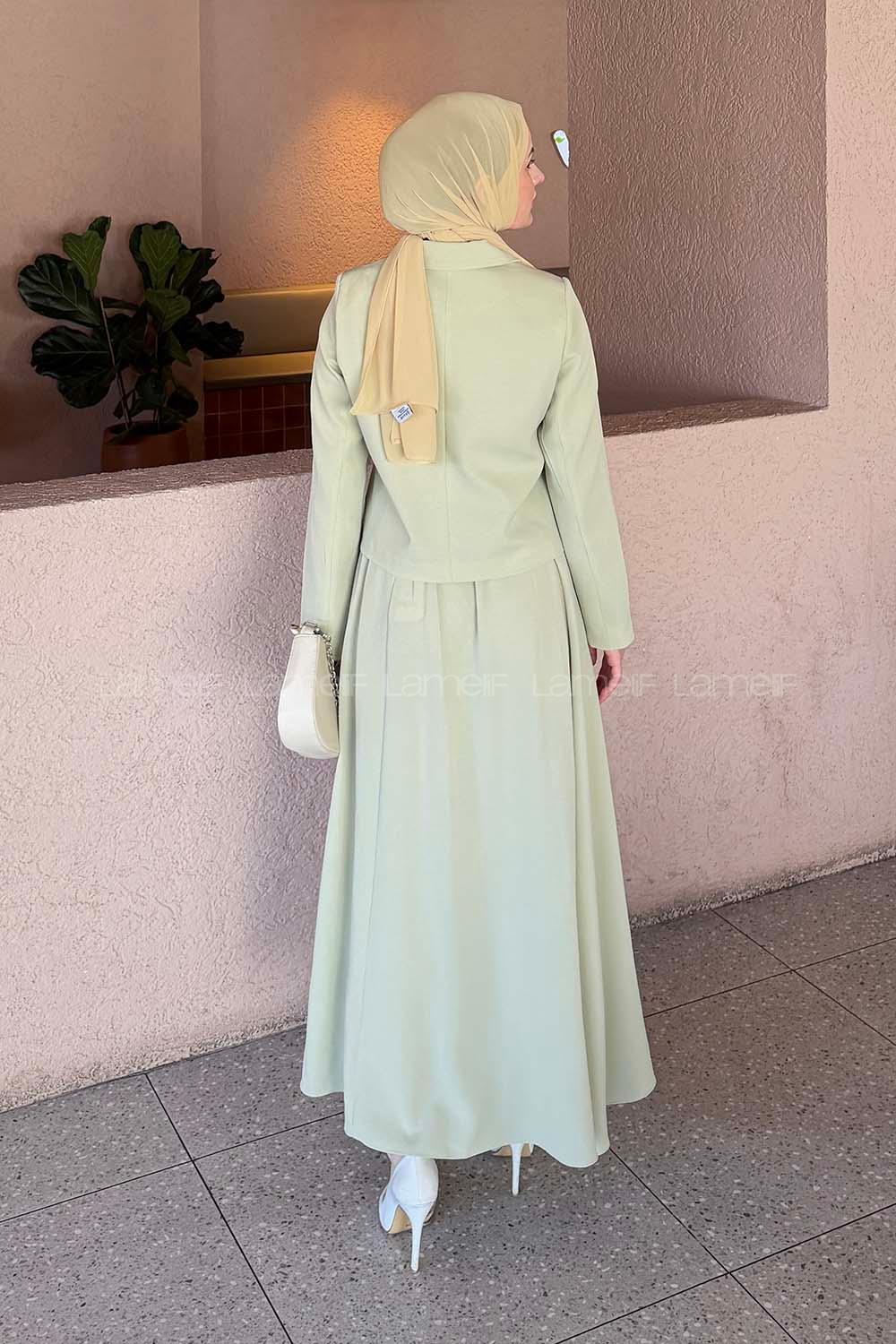 Lamelif Fiyonk Görünümlü Çift Yaka Takım Mint Yeşili