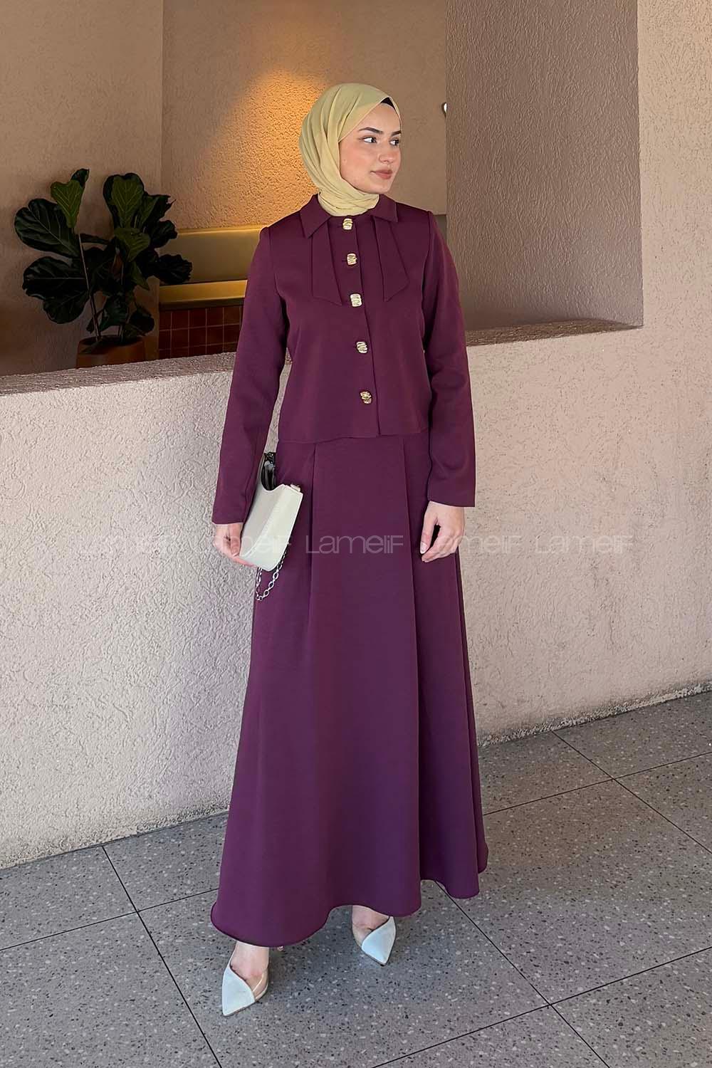 Lamelif Fiyonk Görünümlü Çift Yaka Takım Mürdüm